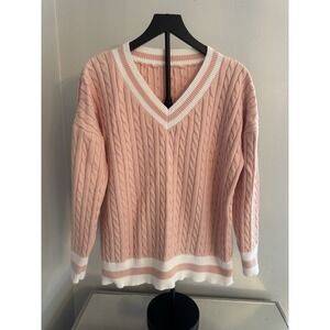 Womens Pink Cable Knit Cricket Sweater XL Varsity V Neck Preppy Cottagecore